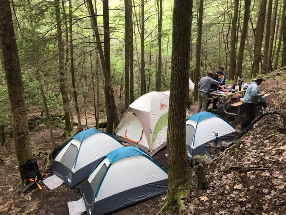Group tent camping in the woods